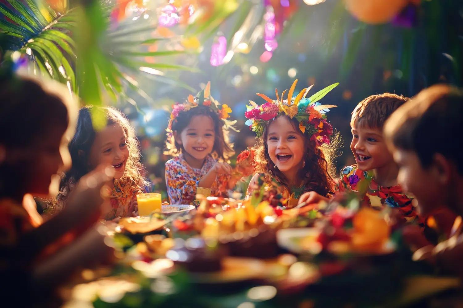 Crianças sorrindo à mesa com frutas, flores e cores vivas em uma festa tropical infantil ao ar livre