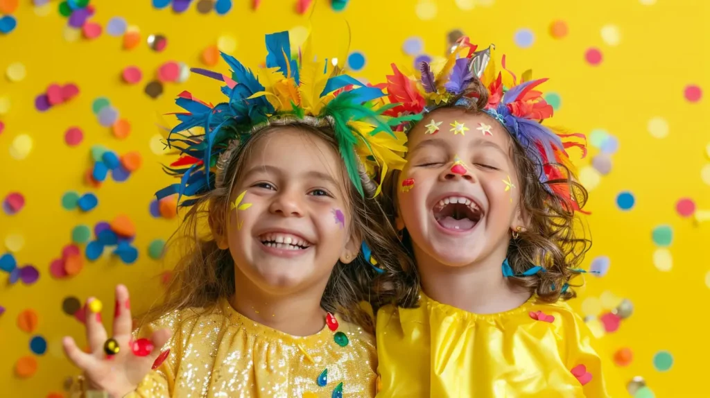 Imagem de duas crianças fantasiadas e com confetes caindo, simbolizando uma festa de Carnaval infantil.