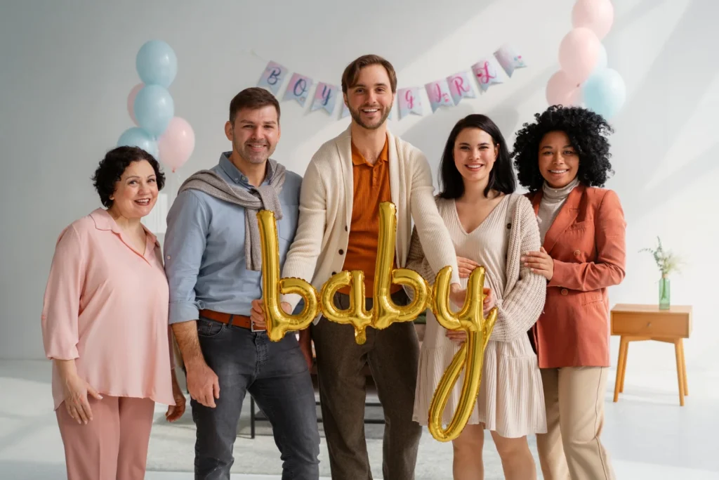 Grupo de amigos celebram chá revelação com balões dourados “baby” e decoração rosa e azul em clima festivo.