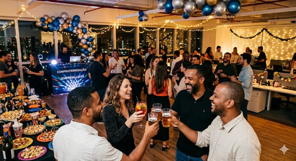 Festa da empresa com pessoas felizes, brindes, comida e balões ao fundo
