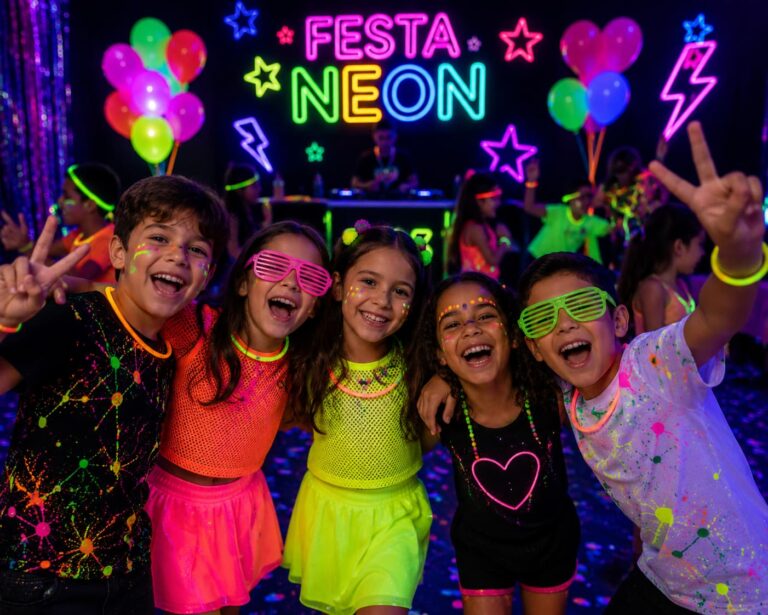 Um grupo de crianças se diverte com a decoração de festa neon.