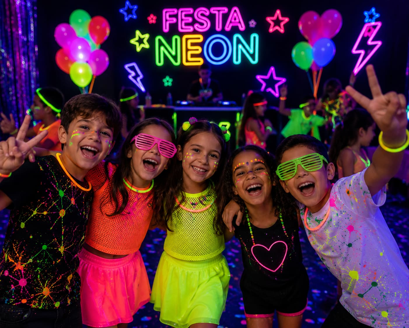 Um grupo de crianças se diverte com a decoração de festa neon.
