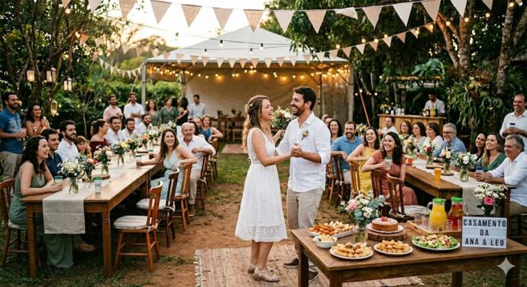 Alt: um jovem casal em uma festa de casamento simples com convidados.