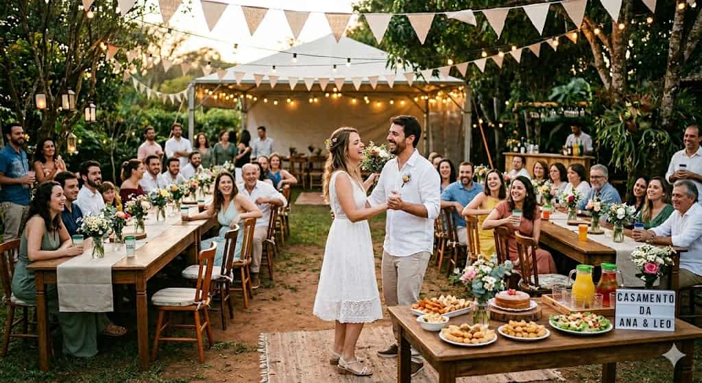 Alt: um jovem casal em uma festa de casamento simples com convidados.