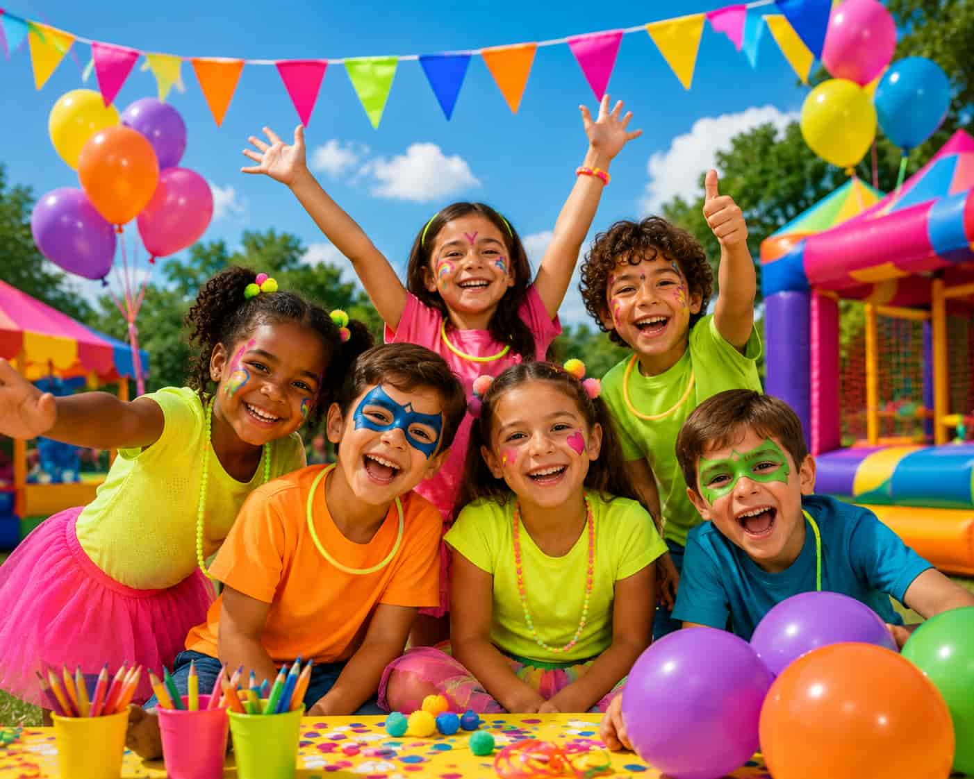 Um grupo de crianças se diverte em uma festa de dia das crianças.